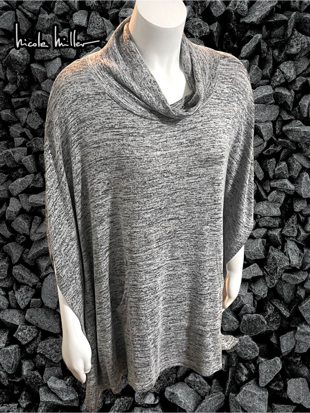 Nicole Miller Heather Grey Marled Cowl Neck Poncho Sweater Size Large